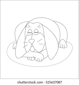 Sleeping black and white dog, hand drawn outline on white background. It can be used in children's books, coloring books ,workbooks, postcard. 