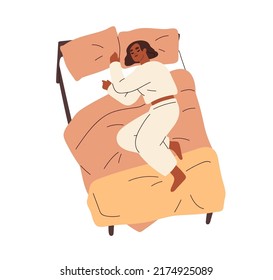 Sleeping Black Woman Lying In Bed, Relaxing On Pillow. African Girl Asleep Alone. Happy Person Dreaming. Sleepy Female In Pajamas. Flat Graphic Vector Illustration Isolated On White Background