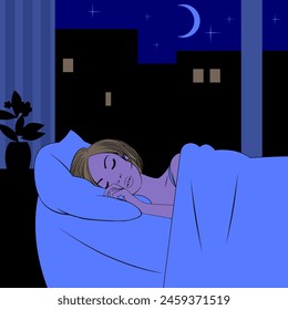 Sleeping blonde girl at night on the bed near the window in the blue room. Color drawing in line flat vintage cartoon style. Vector illustration