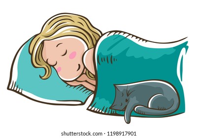 Sleeping blonde girl on a pillow with cat. Isolated on white background. Good night, sweet dreams.
