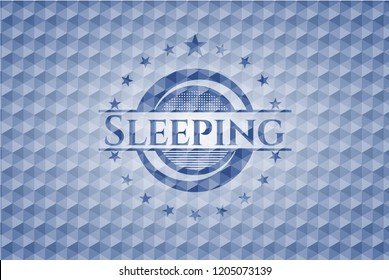 Sleeping blue badge with geometric background.