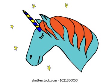 Sleeping blue head of unicorn with closed eyes, isolated on white background.