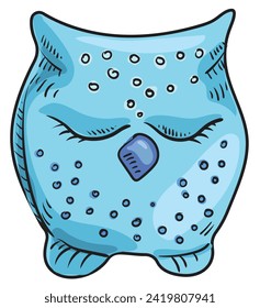 Sleeping blue owl in a beautiful style transparent background. Funny character. Home icon on the wall.