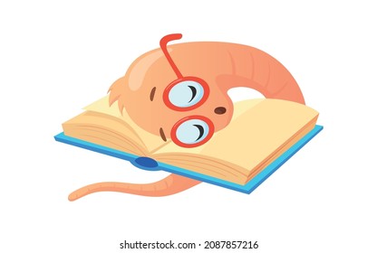 Sleeping bookworm. Cartoon worm sleep on books bookworm in school library, vector isolated on white background