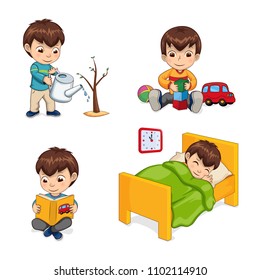 Sleeping boy and activities set, gardening watering plant, playing with car constructor cubes, reading yellow book, isolated on vector illustration