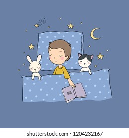 Sleeping boy. Baby in bed with toys. Time to sleep. Good night.