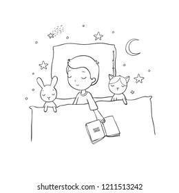 Sleeping boy. Baby in bed with toys. Time to sleep. Good night.