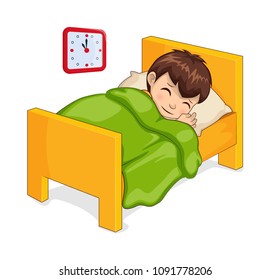 Sleeping boy in bed made of wooden material, room of child clock showing time and kid under blanket having calm face isolated on vector illustration