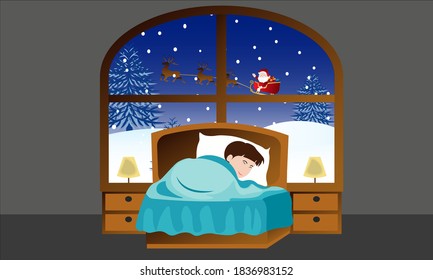 Un Niño Dormido Con Una Gran Ventana Con Vistas Al Invierno Y Santa Claus Con Sus Renos Voladores
