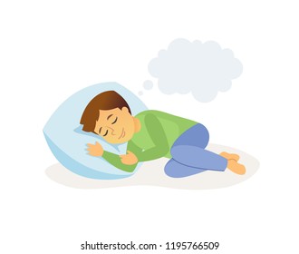 Sleeping boy - cartoon people character isolated illustration on white background. High quality composition with a baby lying in bed in his pajamas, having a dream. Perfect for presentations, banners