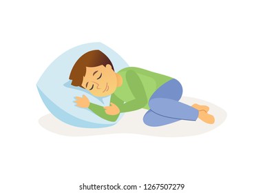 Sleeping boy - cartoon people character isolated illustration on white background. High quality composition with a baby lying in bed in his pajamas. Perfect for presentations and banners