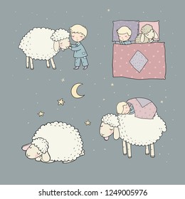 Sleeping boy and cute cartoon sheep. Good night. sleep time. Print for pajamas