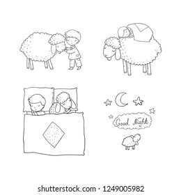 Sleeping boy and cute cartoon sheep. Good night. sleep time. Print for pajamas