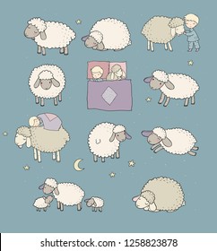 Sleeping boy and cute cartoon sheep. Good night. sleep time. Print for pajamas. Vector 