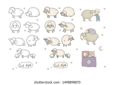 Sleeping boy and cute cartoon sheep. Good night. sleep time. Print for pajamas. Vector. Illustration for coloring books. Monochrome and colored versions. Worksheet for children and adults 