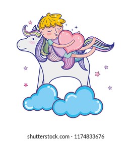 sleeping boy with heart and unicorn in the clouds