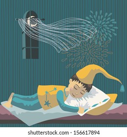 Sleeping boy in long nightcap