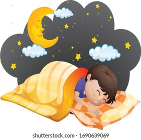 Sleeping boy in night with his pillow and bed sheet in design background