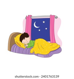 Niño durmiendo en la cama en la noche de la luna 