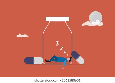Sleeping boy in the pill bottles. concept of pills, good sleep, Insomnia, exhausted and frustrated