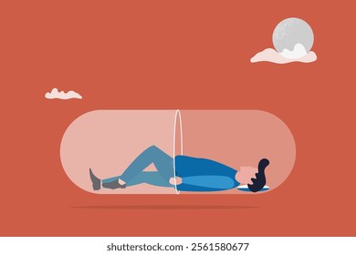 Sleeping boy in the pill bottles. concept of pills, good sleep, Insomnia, exhausted and frustrated