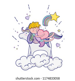 sleeping boy riding unicorn with heart