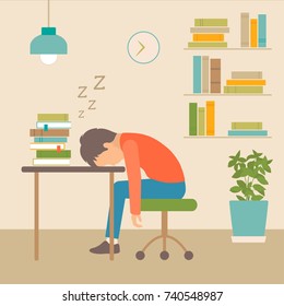 Sleeping Boy At School, Book On Desk, Vector Illustration Of Sleep, 