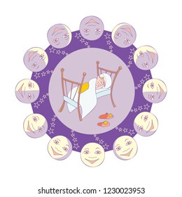 Sleeping boy surrounded by the moon in different phases.