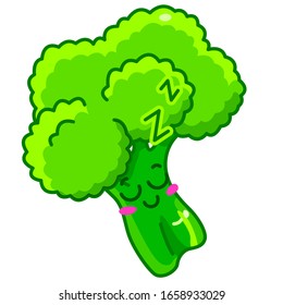 Sleeping broccoli twig sticker with blushed cheeks. Healthy food symbol for social media network, scrapbook, badge, phone case. T-shirt, bag or hoody print. White isolated stock vector illustration