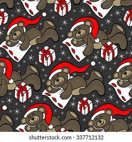 sleeping brown toy animal teddy bear with Santa Claus hat and Christmas gift decorative seasonal seamless pattern on dark background