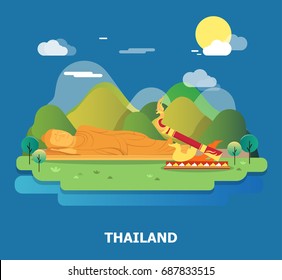 Sleeping Buddha and Bun Bang Fai rocket in Thailand.vector