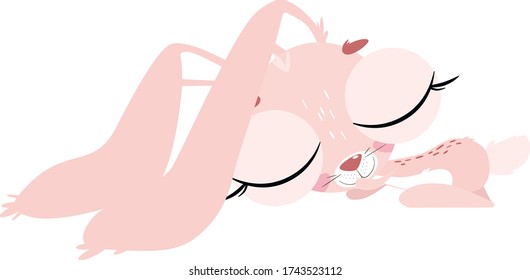 Sleeping bunny. Cartoon bunny girl with big eyes.  Child print for apparel, nursery, cards,posters. Vector Illustration