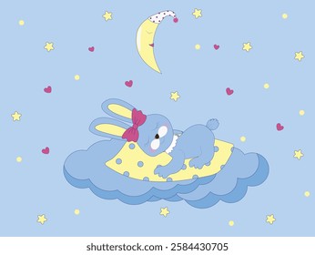 sleeping bunny, bunny on a cloud, starry sky, moon, stars, cute bunny
