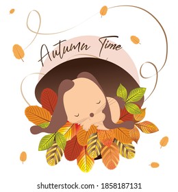 Sleeping bunny on dry leaves. Autumn season - Vector