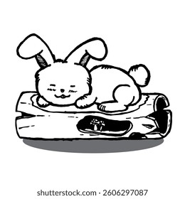 Sleeping Bunny on a Log – Cute Black and White Cartoon Line Art