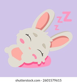 Sleeping bunny resting on a soft pink pillow. A peaceful and cozy illustration perfect for children's products, nursery decor, bedtime stories, and relaxation themes