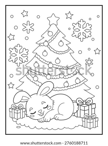 Sleeping Bunny Under Christmas Tree Coloring Page for Kids. Simple Holiday Line Art for Children.