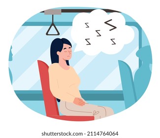 Sleeping in bus. Woman sits with her eyes closed. Tired on trip, tourist recuperates on way. Emotional burnout. Vacation and adventure, long trip and travel. Cartoon flat vector illustration