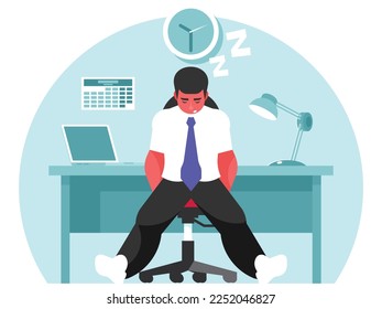 Sleeping businessman. Office worker fell asleep at the workplace. The manager was overworked and fell asleep sitting on a chair. Vector graphics