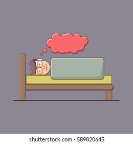 Sleeping Businessman. Vector Illustration in Modern Flat Style. businessman falls asleep at his desk. Cartoon character, African businessman sleeping on the bed.