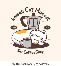 Sleeping calico cat with moka pot and coffee mug. Kawaii mascot illustration with pink blush and stars.