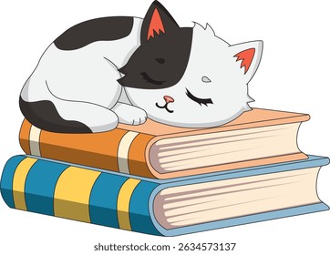 Sleeping Calico Cat On Book Cartoon Vector