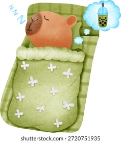 Sleeping Capybara Clipart Vector Dreaming of Matcha Tea on Green Bed