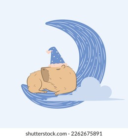 Sleeping Capybara with crescent moon and cloud, sleepy capybara