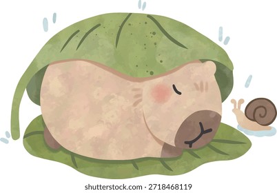 Capibara durmiendo bajo la hoja grande con caracol en el día lluvioso