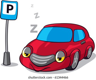 Sleeping Car next to Parking Sign