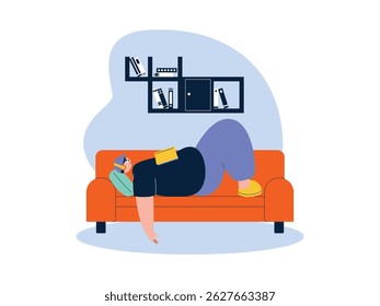 Dormir descuidadamente sem desligar a música que você está ouvindo, ilustração de vetor de preguiça.