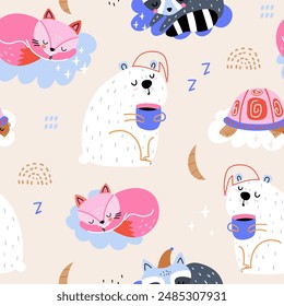 Sleeping cartoon animals childish pattern. Vector seamless texture for fabric, apparel and so on.Funny creative animals