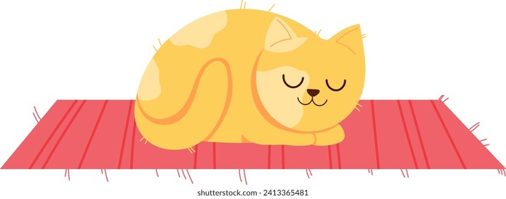 Sleeping cartoon cat on a red mat, cute feline in a peaceful nap. Relaxing pet and cozy home scene vector illustration.