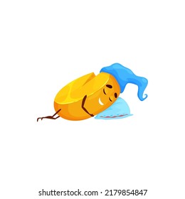 Sleeping cartoon circle cheese character. Cute swiss cheese block, maasdam or cheddar cheese funny vector personage with lying on pillow, wearing sleeping cap. Isolated funny dairy product character